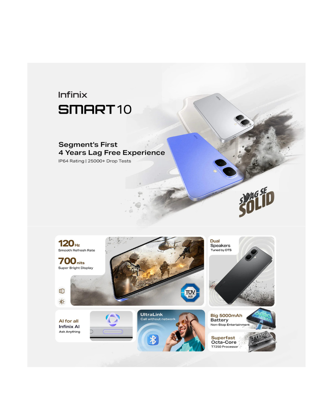 Infinix Smart 10 Smartphone | Dual Speaker | IP64 Splash Proof | TRCSL Approved | Dual SIM