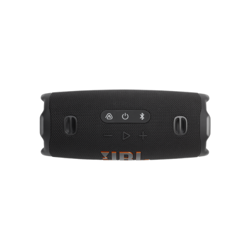 Black Bluetooth speaker with control buttons on a white background