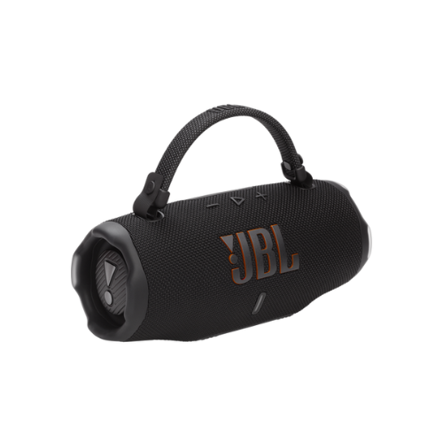 Black JBL portable speaker on a white background