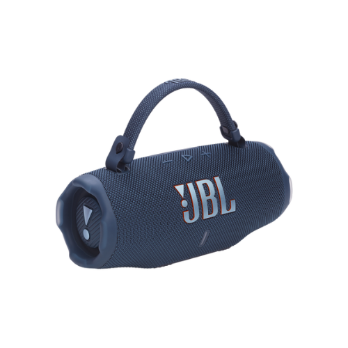 Blue JBL portable speaker on a white background
