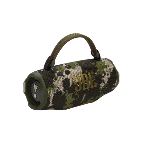 Camouflage-patterned JBL speaker on a white background