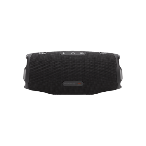 Black portable speaker on a white background