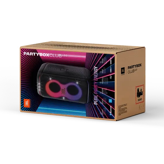 JBL PartyBox Club 120 packaging with vibrant design