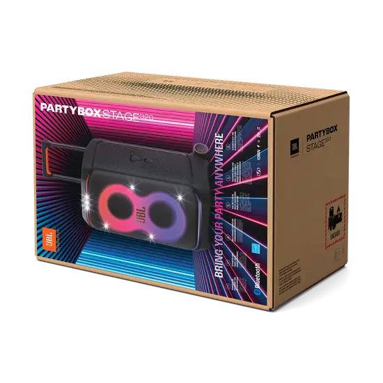 JBL PartyBox Stage 320 packaging with vibrant design