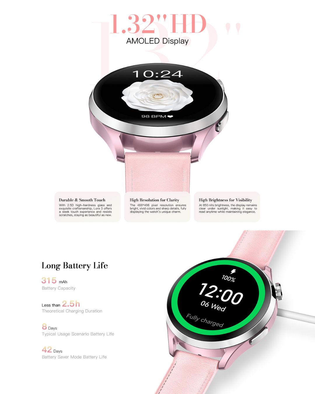 Kieslect Lora 3 Lady Smartwatch AMOLED BT Calling 5ATM