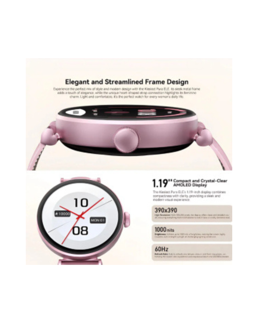 Kieslect Pura ELE Smart Watch – AMOLED Display | Bluetooth Calling | Women’s Health | IP68