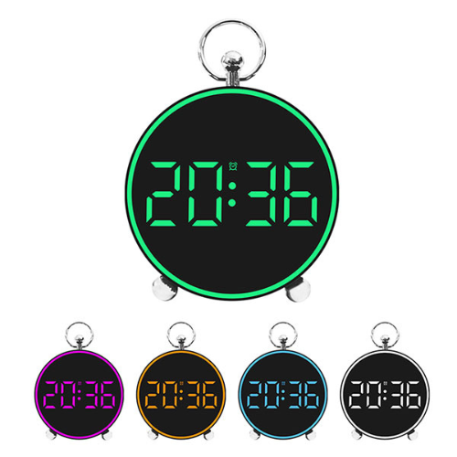 Set of five round digital clocks with green, purple, yellow, blue, and black displays on a white background.