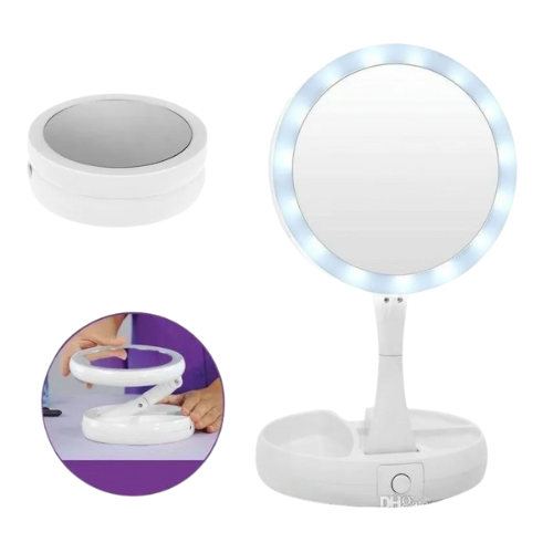 Lighted makeup mirror with adjustable stand on a white background