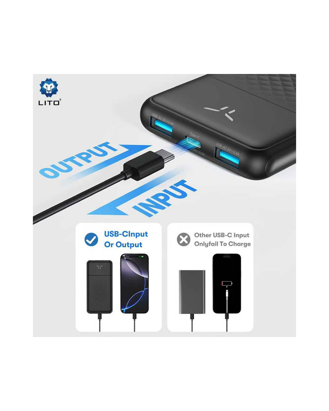 LITO LP11 10000mAh Slim Power Bank – Fast Charging Portable Charger (Black)