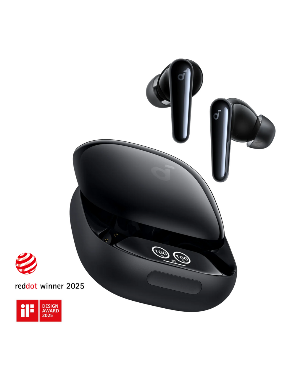 Black wireless earbuds with charging case on a white background, featuring Red Dot and iF Design Award logos.