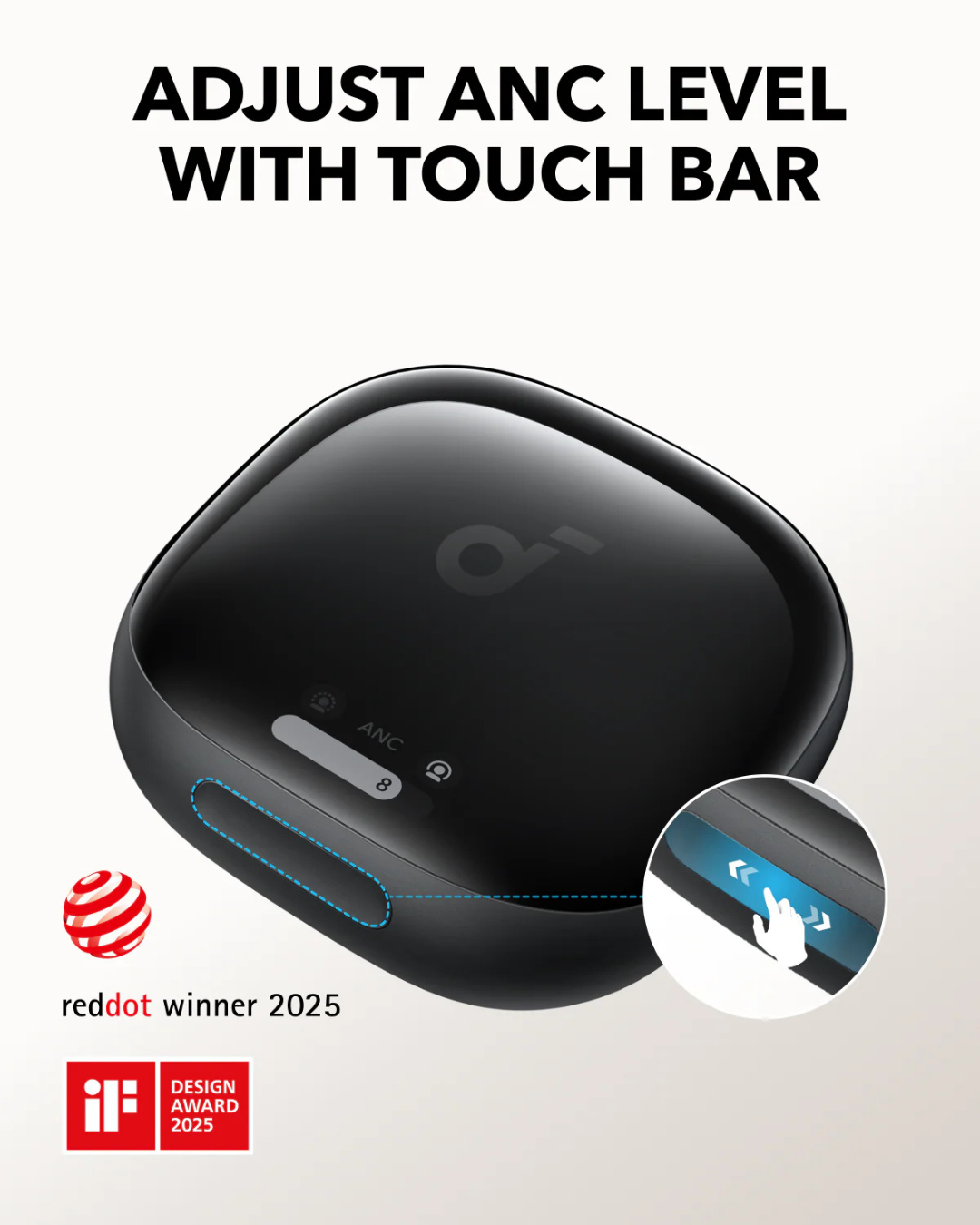 Black earbud case with touch bar feature on a white background, featuring design awards.
