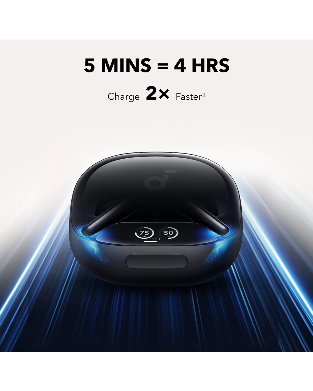 Black electronic device with charging time and speed text on a white background