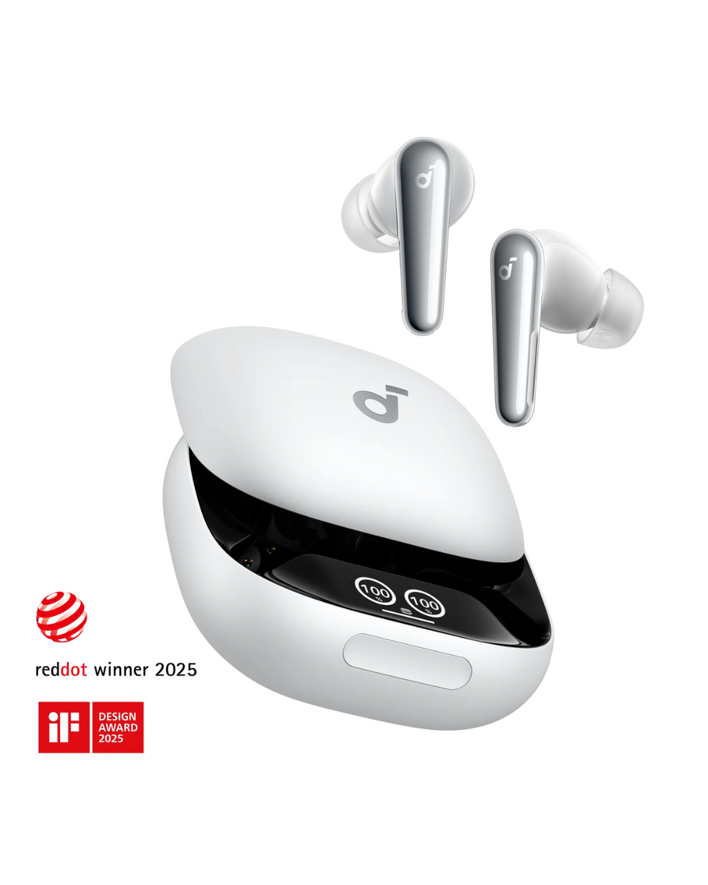 Wireless earbuds with charging case on a white background, featuring design awards.