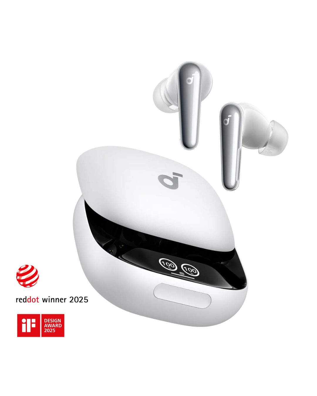 Wireless earbuds with charging case on a white background, featuring design awards.