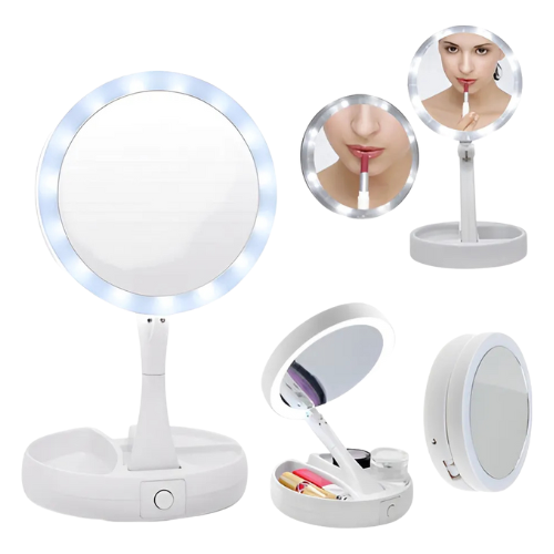 Makeup mirror with LED lights and multiple angles on a white background