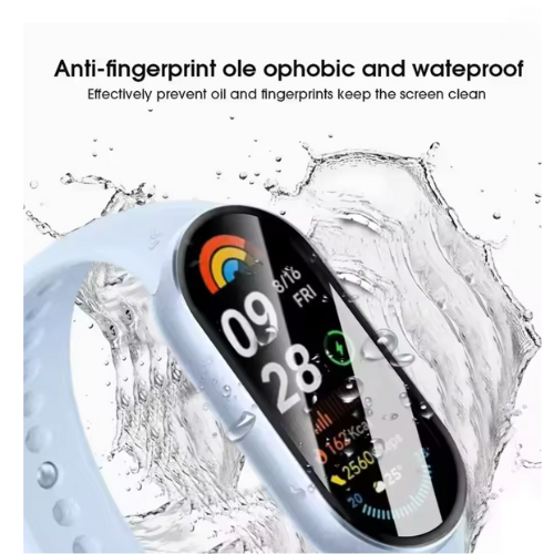 Smartwatch with water splashes on a white background, emphasizing anti-fingerprint and oleophobic properties.