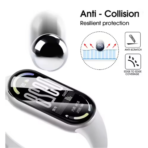 Smartwatch with protective screen film and 'Anti-Collision' features on a white background