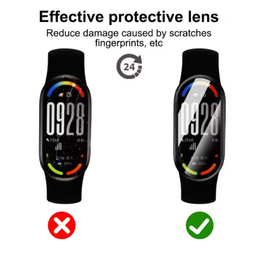 Smartwatch with protective lens showing before and after effect on screen damage.