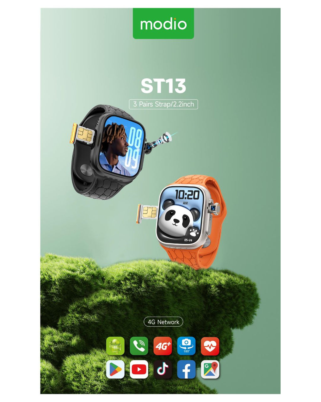 Modio ST13 5G SIM Android Smart Watch | 2.2" HD Display | 3 Strap Combo | Camera | Wireless Charging | Space Aluminum Case