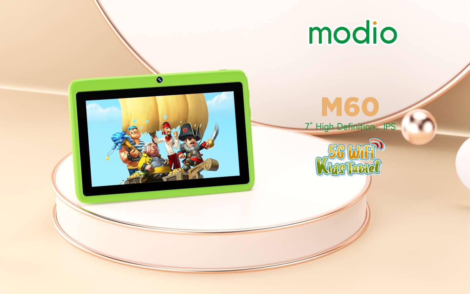 Modio M60 kids tablet showcasing 7-inch IPS screen