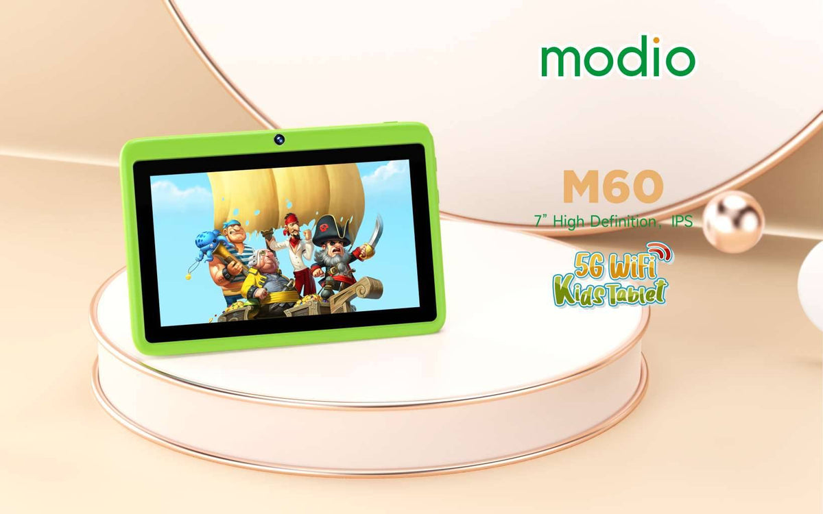 Modio M60 kids tablet showcasing 7-inch IPS screen