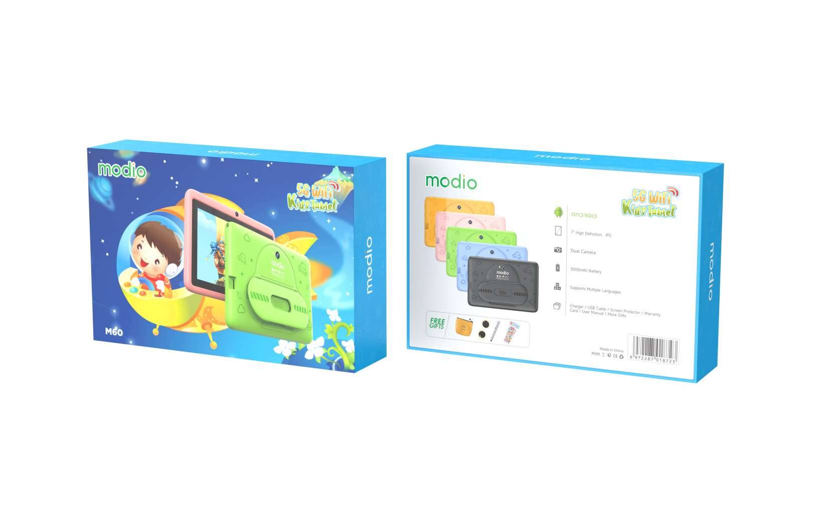Modio M60 kids tablet packaging showing features