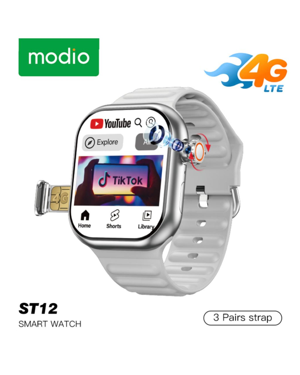 Modio ST12 Rotatable Camera 4G Network 3 Pairs Strap 2.2 inch Smart Watch