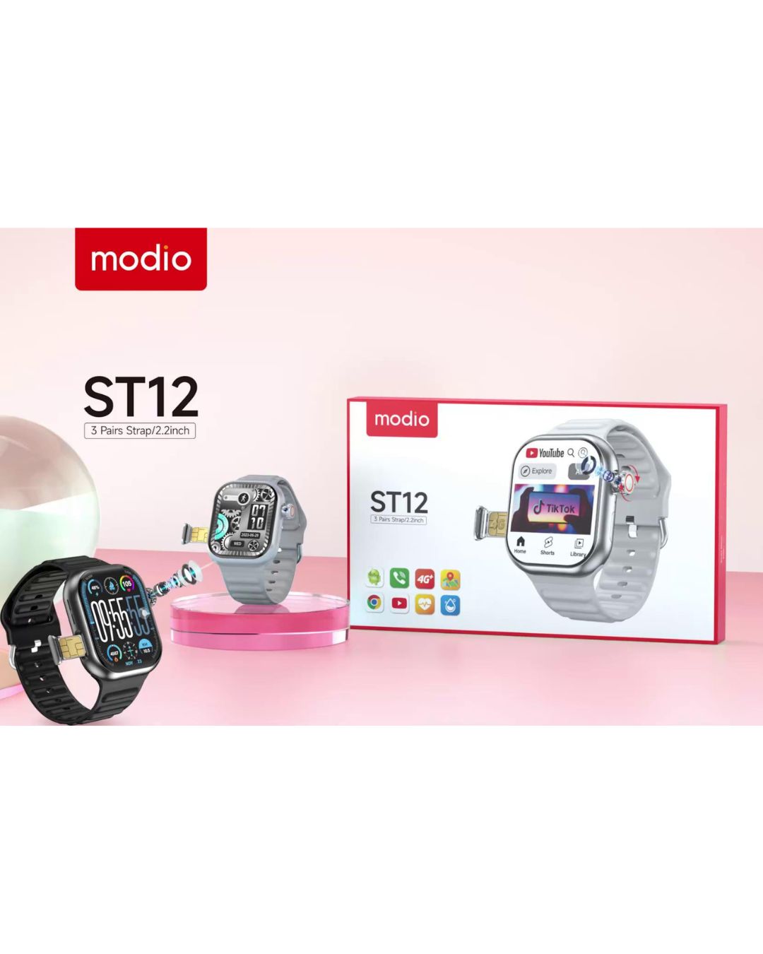Modio ST12 Rotatable Camera 4G Network 3 Pairs Strap 2.2 inch Smart Watch