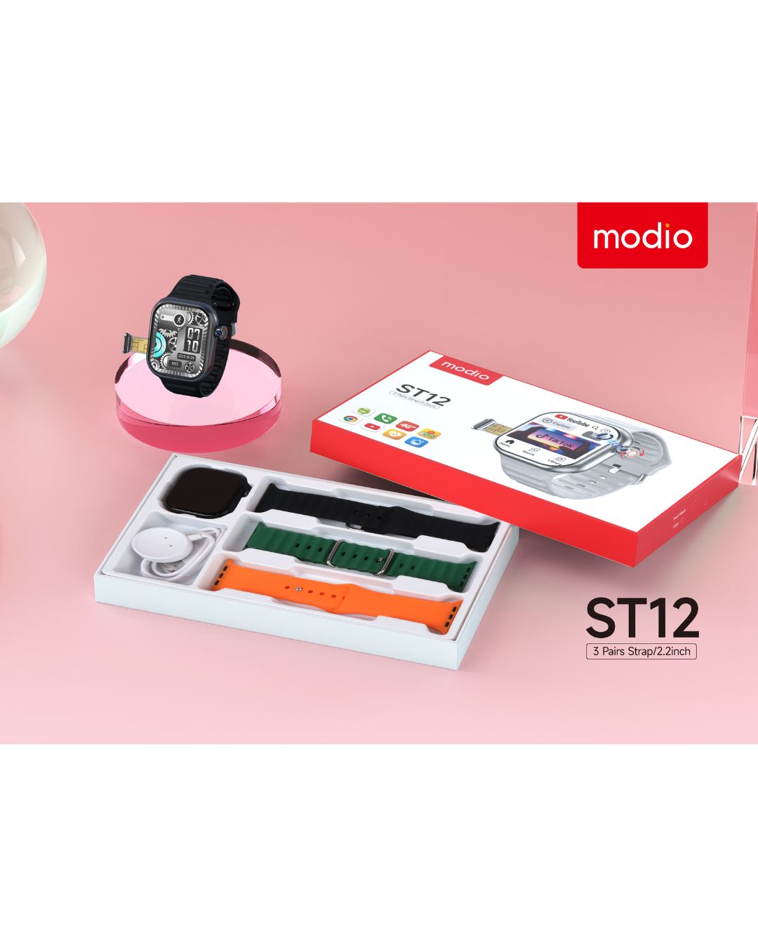 Modio ST12 Rotatable Camera 4G Network 3 Pairs Strap 2.2 inch Smart Watch