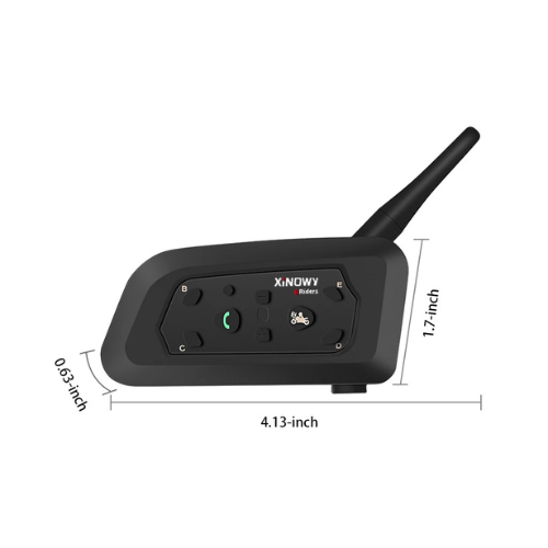 Black Bluetooth helmet intercom with X-Nowy branding and measurements on a white background