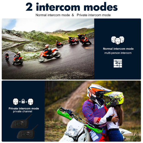Two intercom modes for motorcycle riders with scenic and close-up shots.