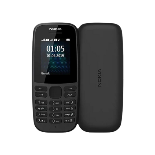 Black Nokia mobile phone with screen displaying time and date on a white background