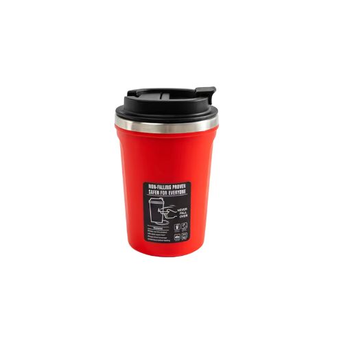 Red travel mug with black lid on a white background