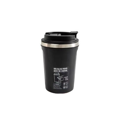 Black travel mug with a silver rim on a white background
