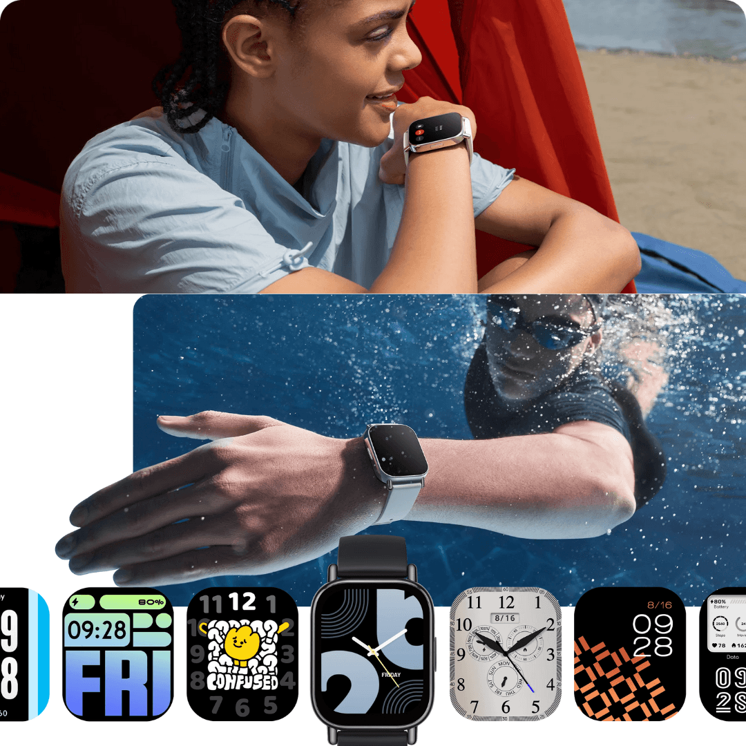 Redmi Watch 5 Lite with various watch faces, worn by people