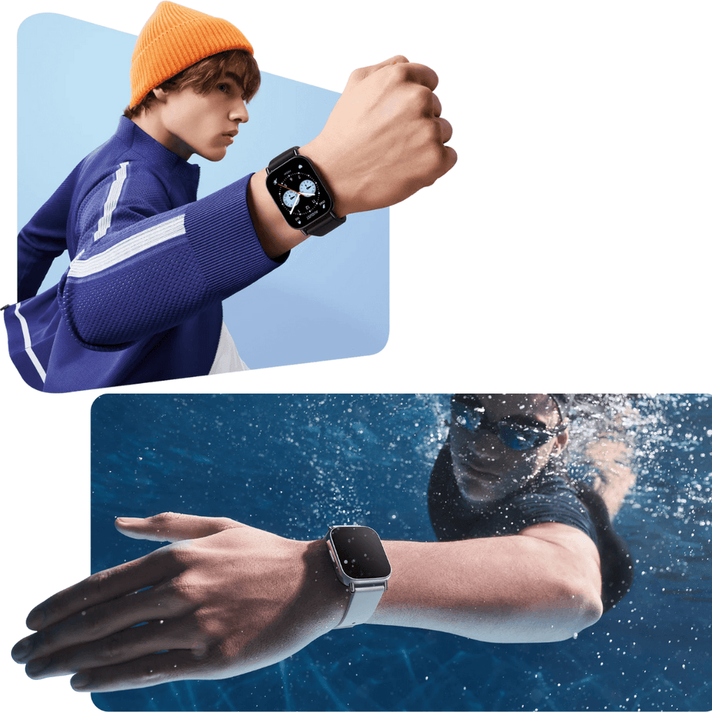 Person wearing Redmi Watch 5 Lite, swimming and exercising