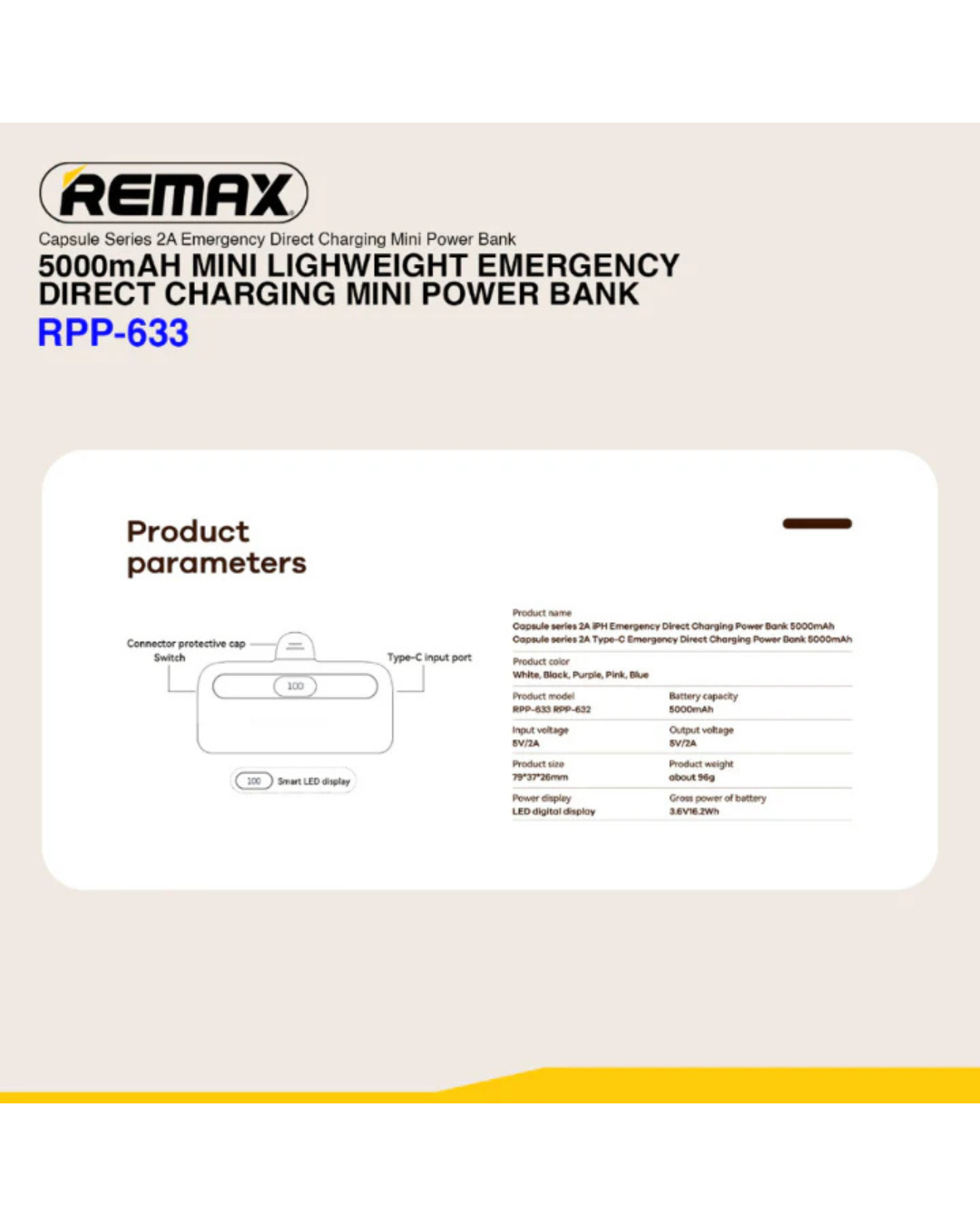 Remax Mini Power Bank 5000mAh Capsule Series 2A Type-C Emergency Direct Charging