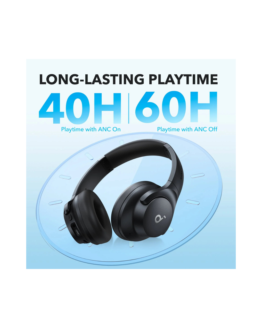 Black headphones with long-lasting playtime text on a blue background