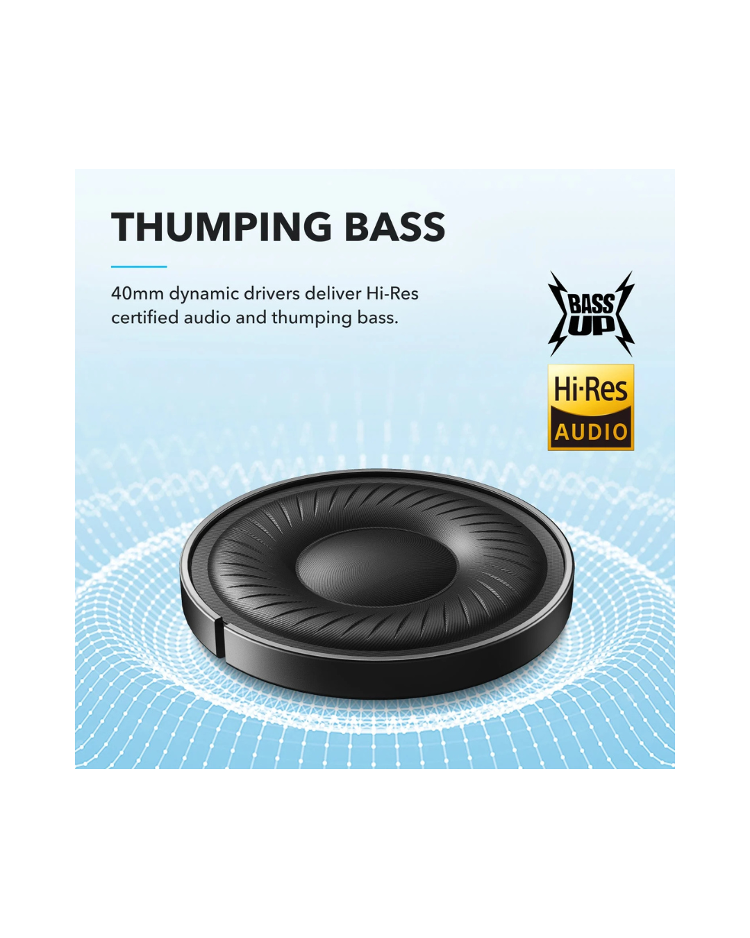 Speaker driver with 'Thumping Bass' text and 'Bass Up' logo on a blue background