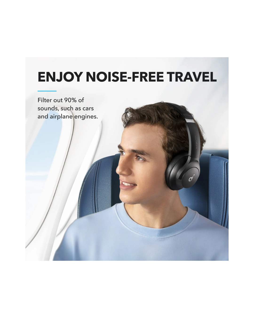 Person wearing headphones with text 'Enjoy noise-free travel' and 'Filter out 90% of sounds, such as cars and airplane engines.'.