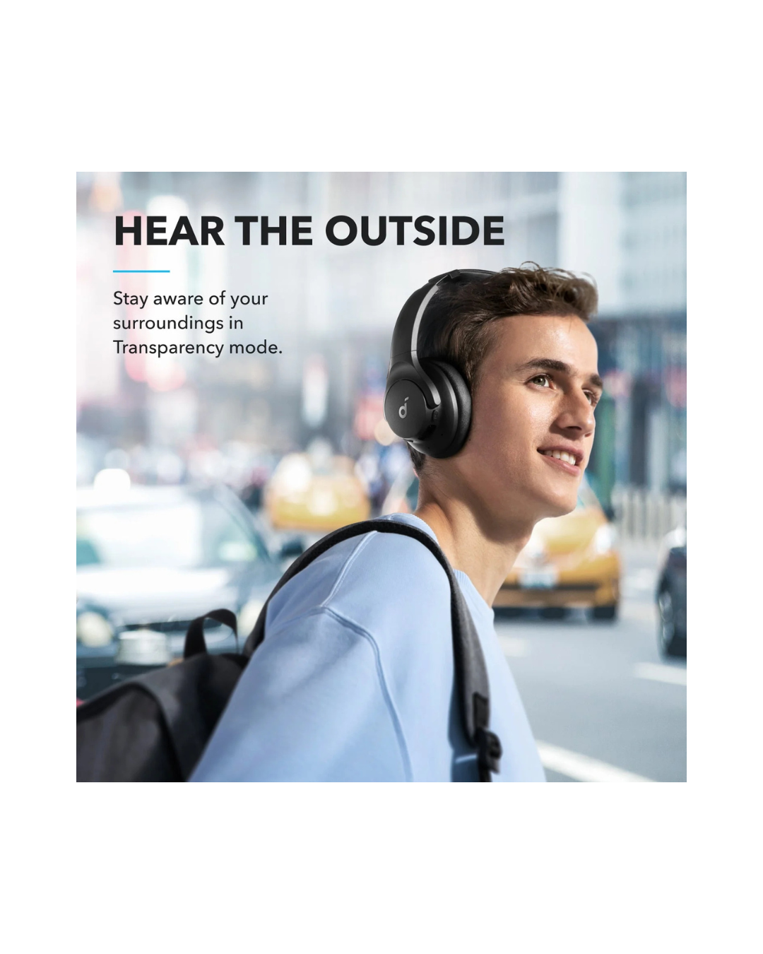 Person wearing headphones with text 'Hear the Outside' in an urban setting