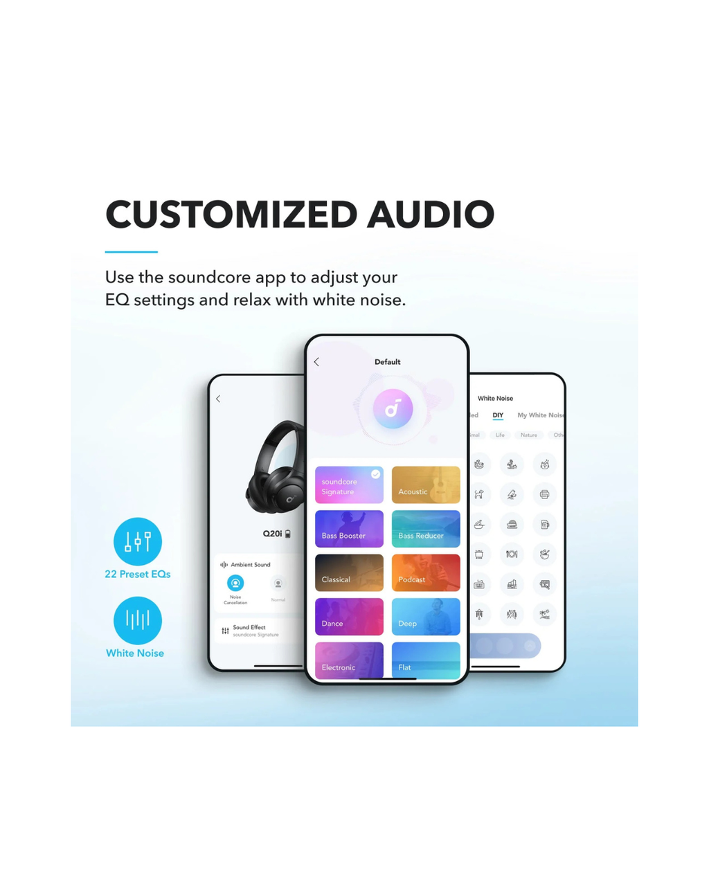 Smartphone displaying an app interface with customization options for audio settings on a white background.