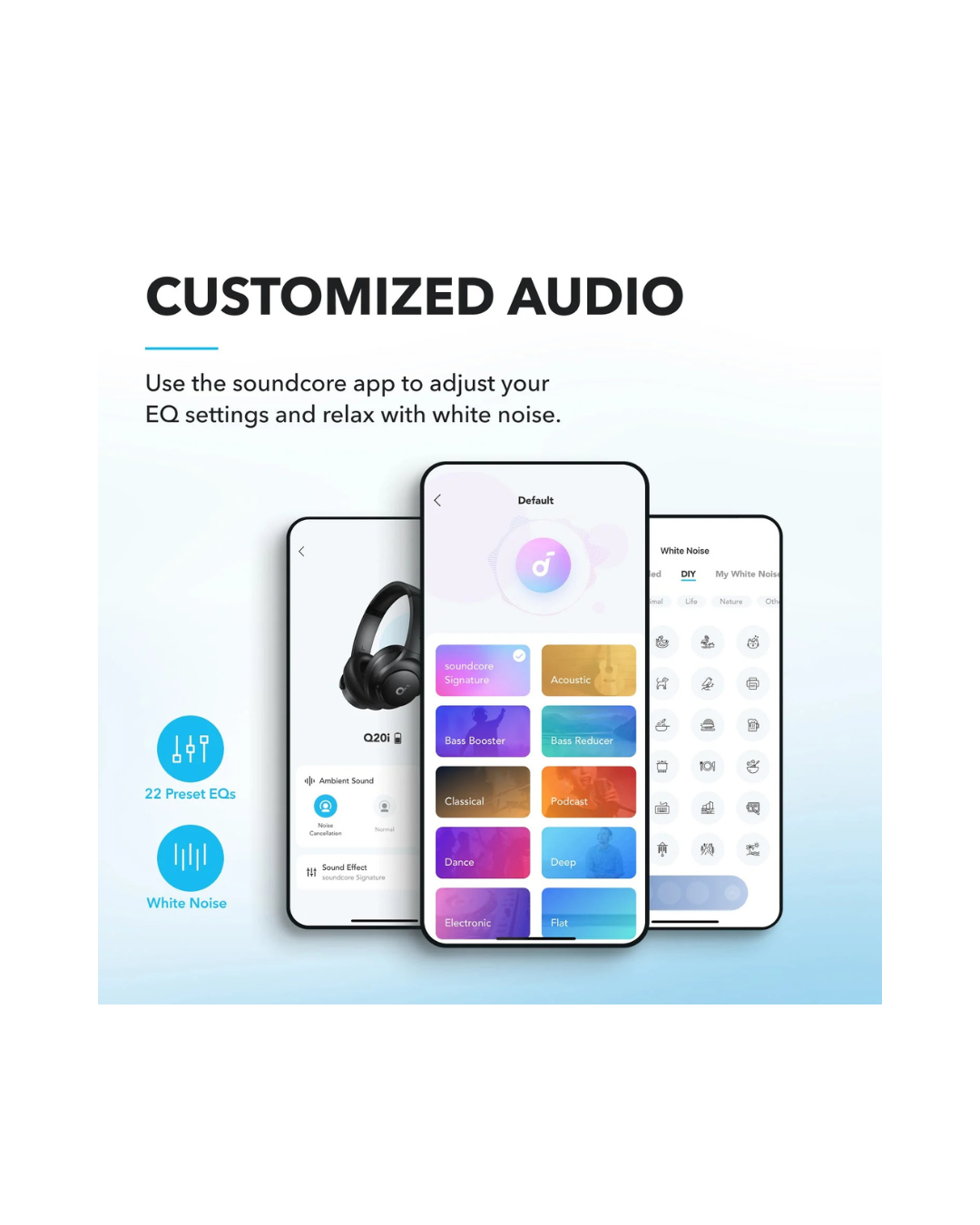 Smartphone displaying an app interface with customization options for audio settings on a white background.