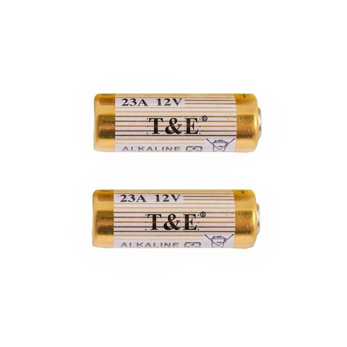 Two T&E 23A 12V alkaline batteries on a white background