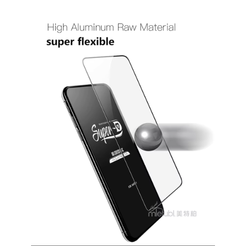 Smartphone with a transparent screen protector labeled 'Super Flexible' on a white background