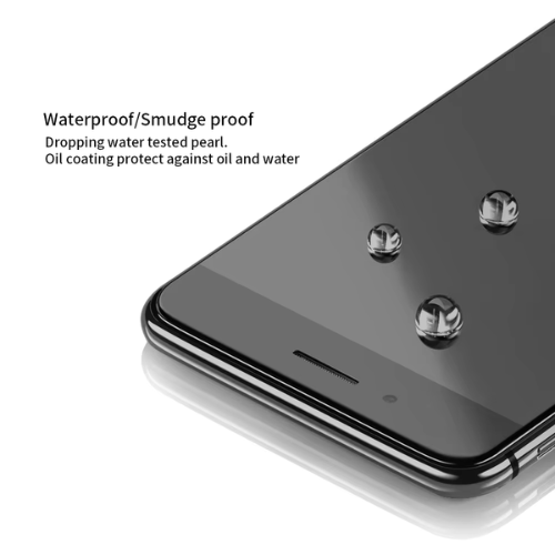 Smartphone with water droplets on screen displaying waterproof/smudge proof feature.