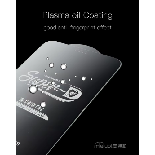 Phone screen protector with plasma oil coating on a black background