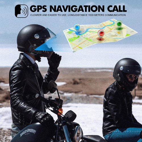 Two people on motorcycles with a map and GPS navigation call graphic in the sky.