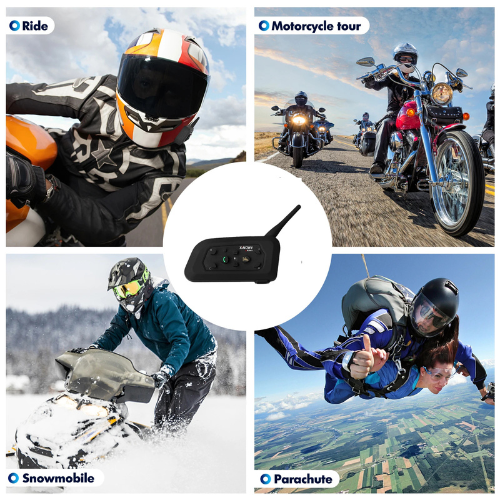 Collage of motorcycle, snowmobile, and parachute activities with corresponding equipment.
