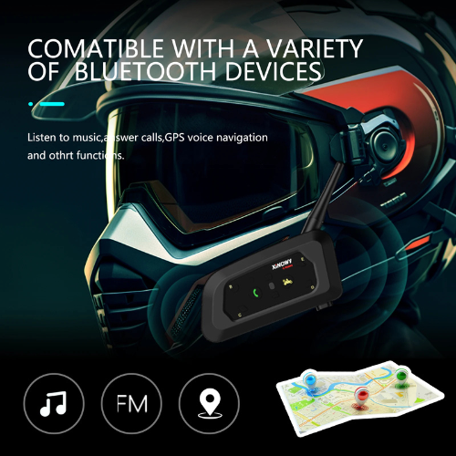 Motorcycle helmet with Bluetooth communication device and compatibility text on a dark background